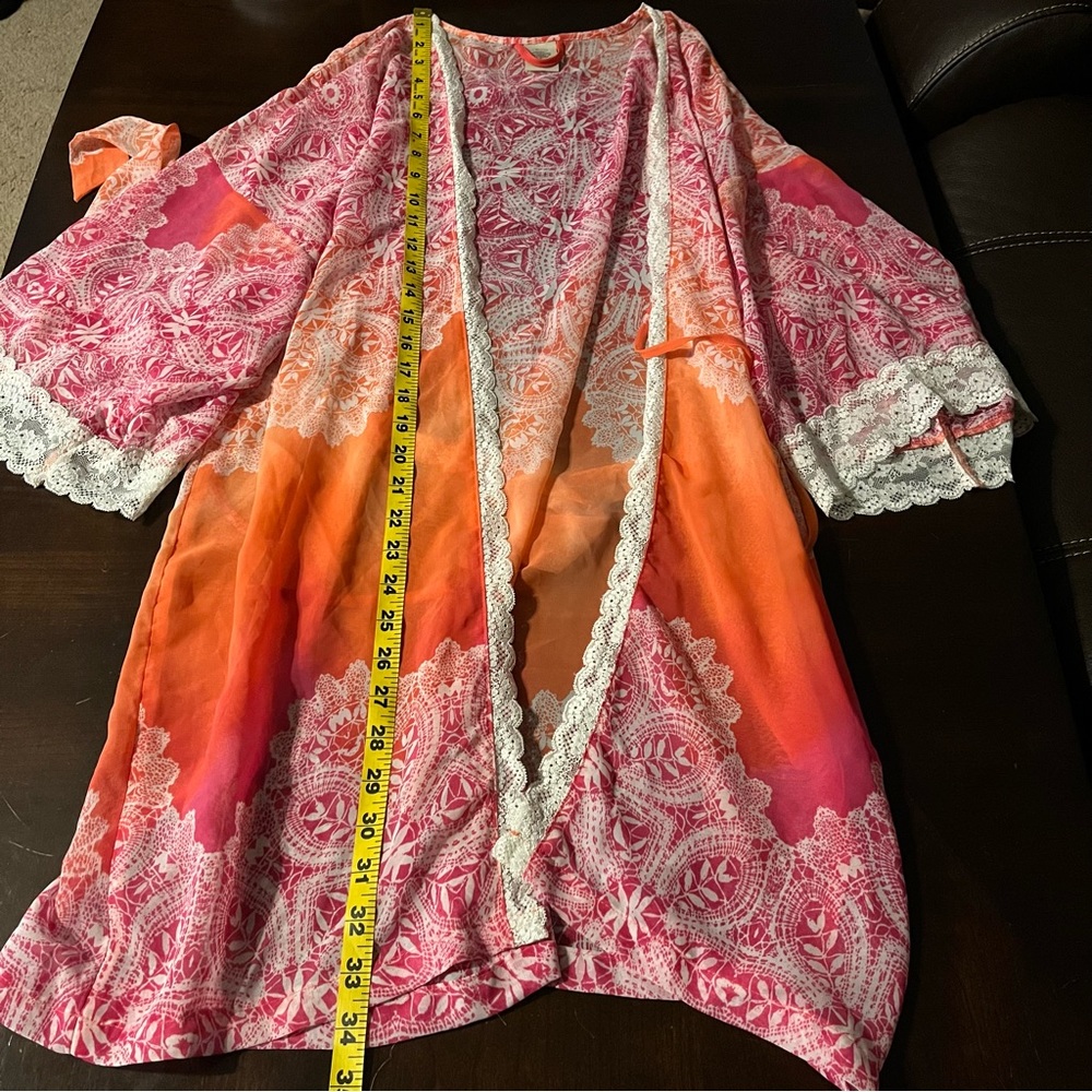In Bloom Ombre Bright Pink & Orange Boho Beach Sheer Lace Kimono Robe, Size M - Picture 11 of 11